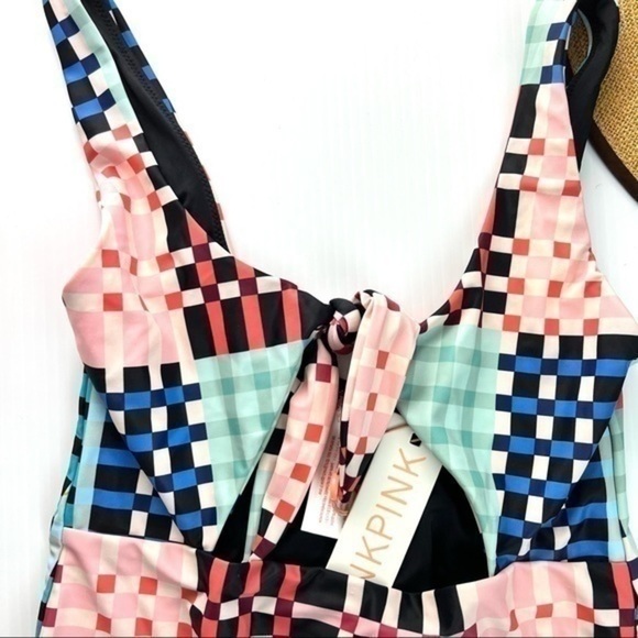 MINKPINK Penelope One Piece Swimsuit Small Tie Front Cutout Check NWT Swim - Picture 3 of 7